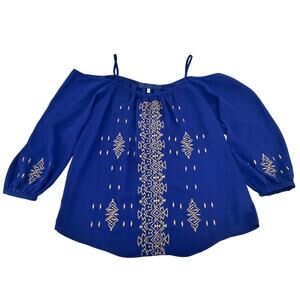 Blue Rain Womens Blouse Size LARGE Blue Sheer Embroidered Open Shoulder EUC Boho